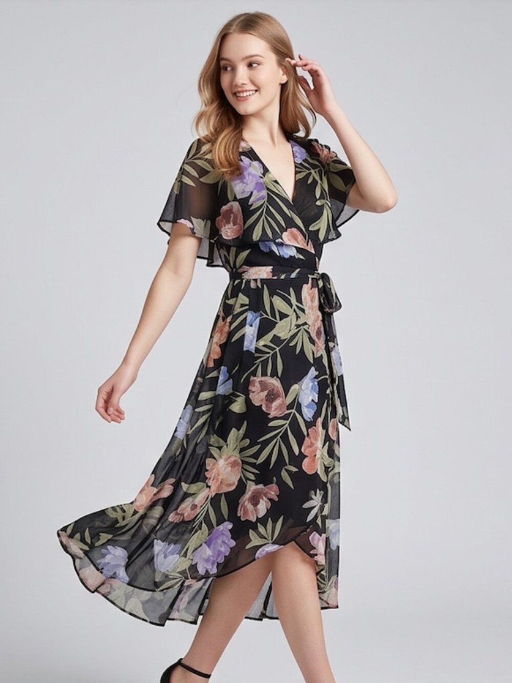 Gabby Skye Black Floral Faux-Wrap Midi Dress - Picture 5 of 11